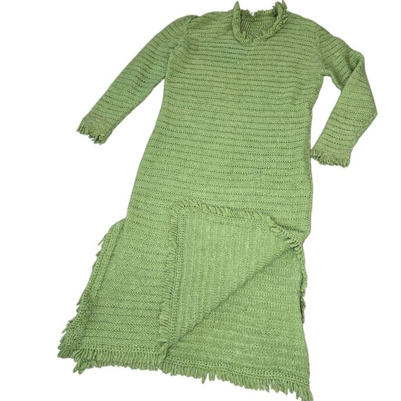 Hand-Knitted Green Fringe Long Dress With Ruffled Collar & Cuffs - Picture 6 of 7